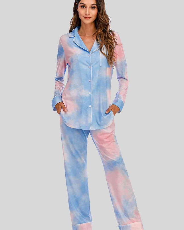 Collared Neck Long Sleeve Loungewear Set with Pockets