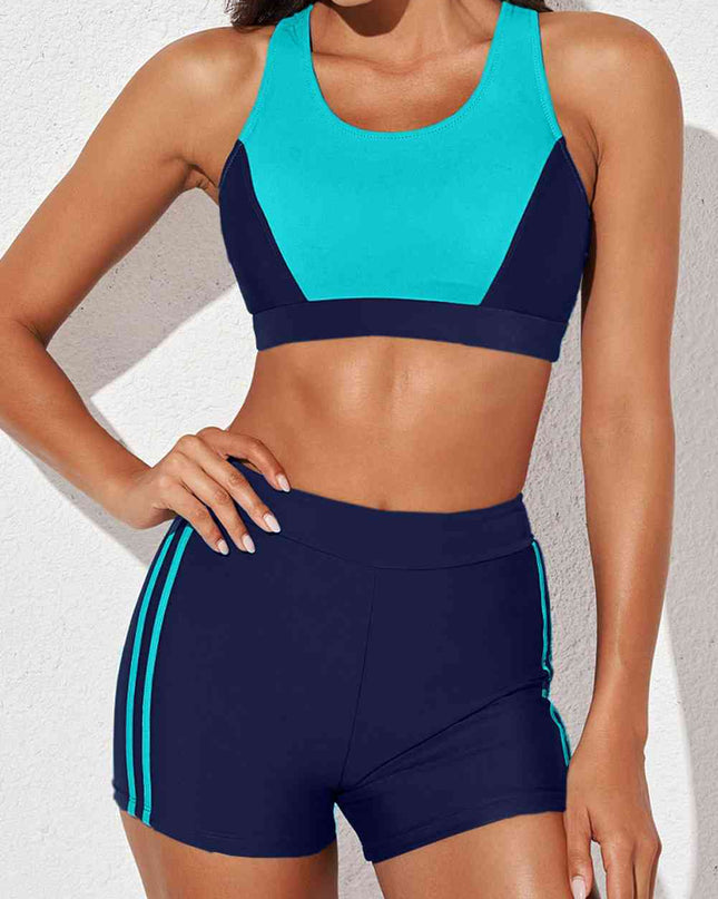 Printed Scoop Neck Back Crisscross Swim Set
