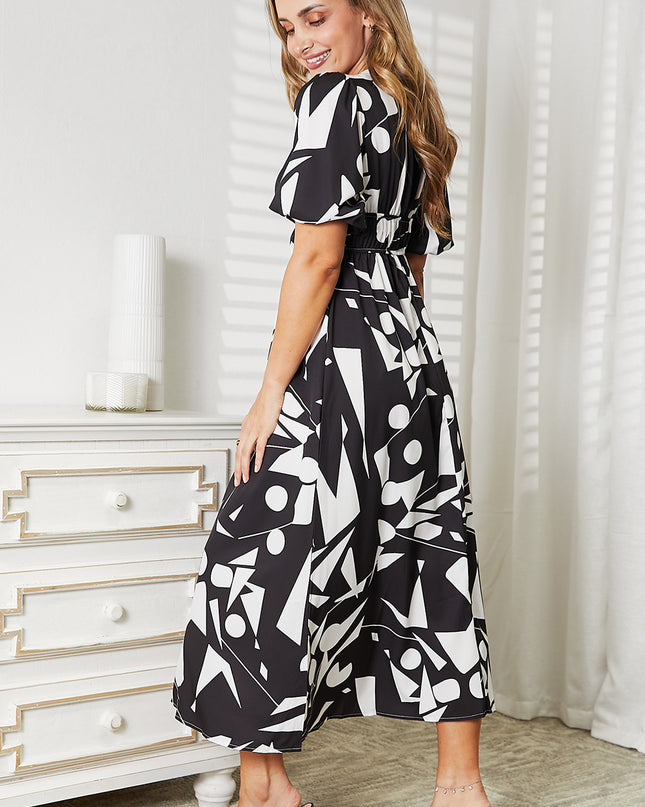Double Take Printed Surplice Balloon Sleeve Dress