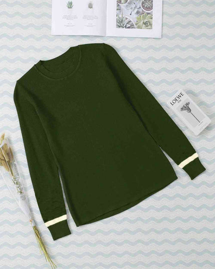 Round Neck Contrast Long Sleeve Knit Top