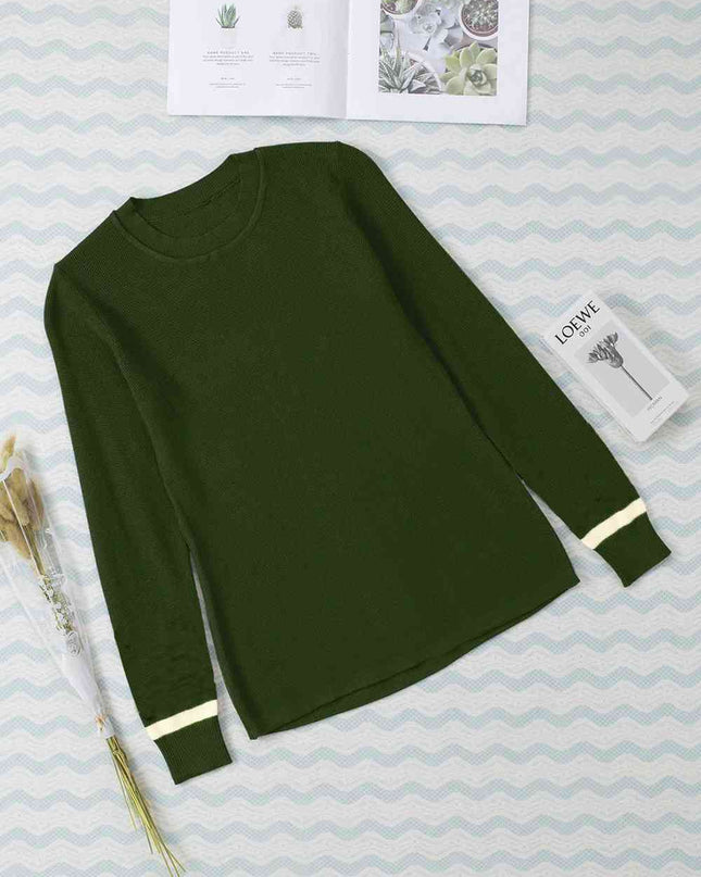 Round Neck Contrast Long Sleeve Knit Top