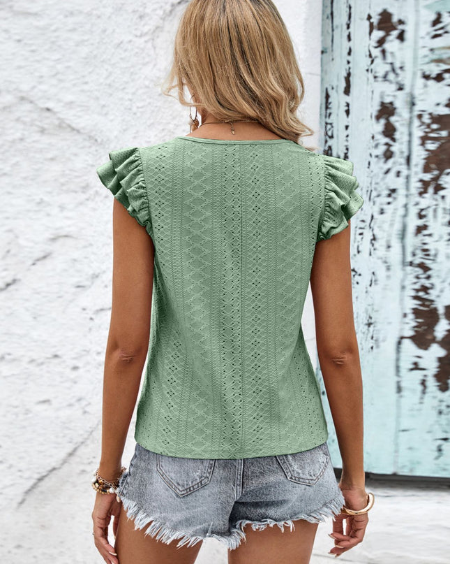 Contrast V-Neck Eyelet Top