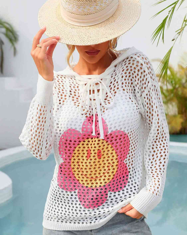 Flower Graphic Lace-Up Openwork Hooded Cover Up