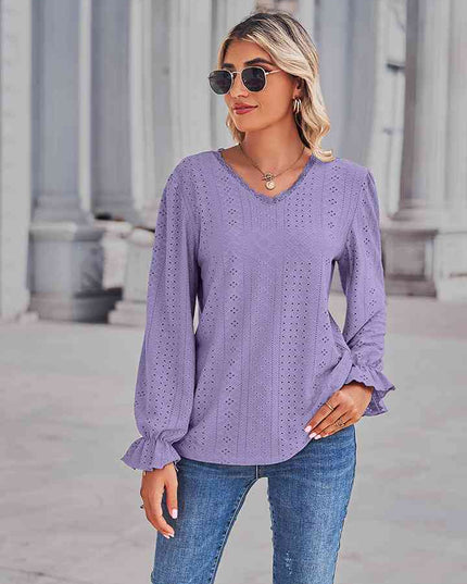 Eyelet V-Neck Flounce Sleeve Blouse