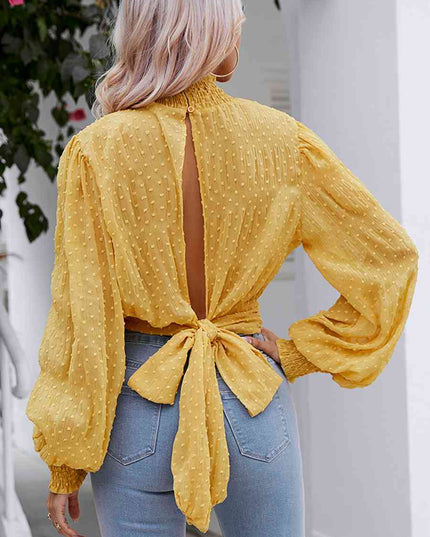 Swiss Dot Cutout Smocked Mock Neck Blouse
