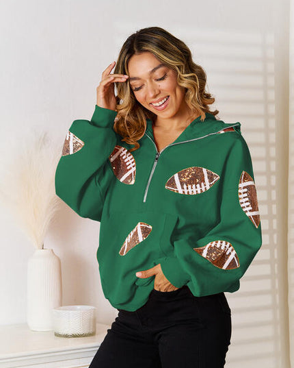 Sequin Football Patch Half-Zip Hoodie