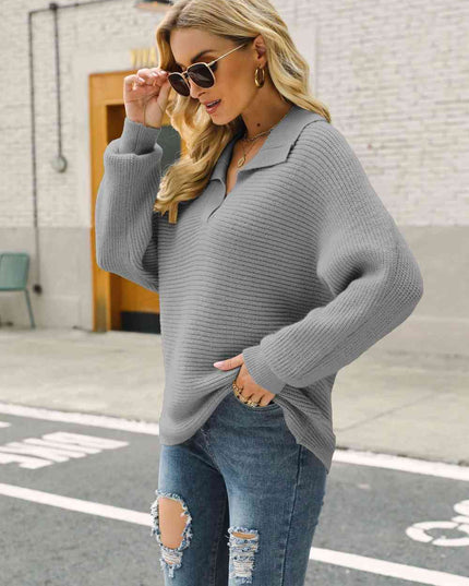 Double Take Horizontal Ribbing Johnny Collar Sweater