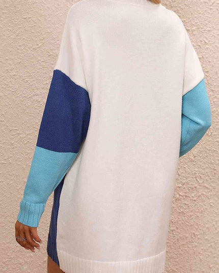 Color Block Mock Neck Dropped Shoulder Sweater Dress