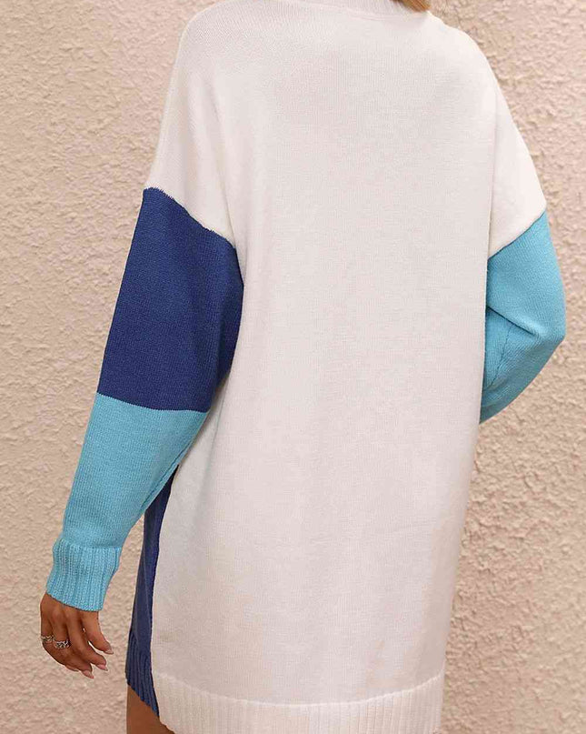 Color Block Mock Neck Dropped Shoulder Sweater Dress