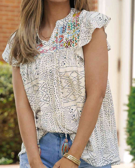 Embroidered Printed Flutter Sleeve Blouse
