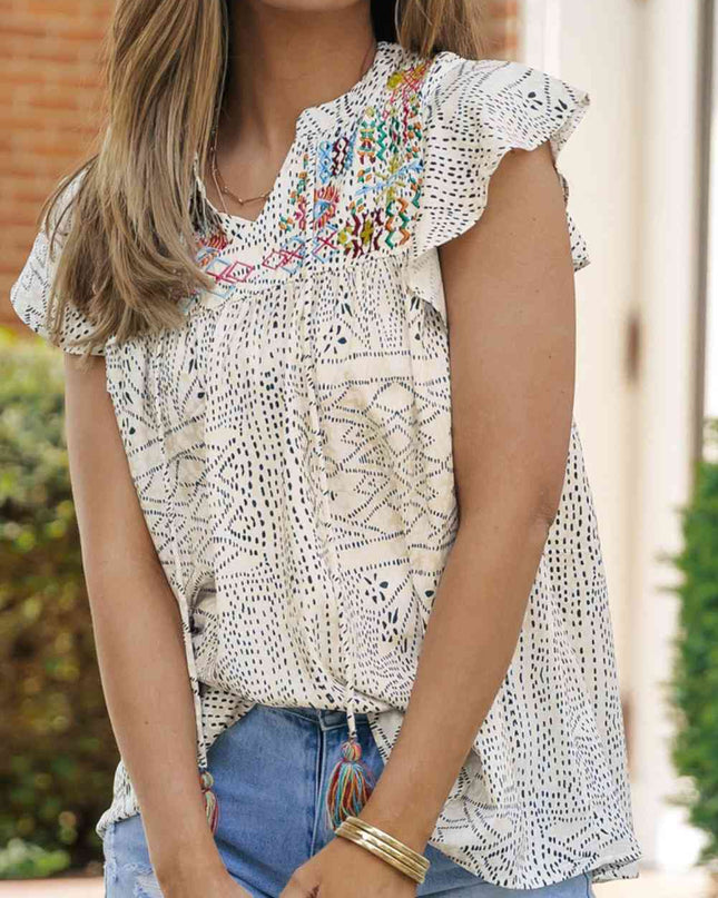 Embroidered Printed Flutter Sleeve Blouse