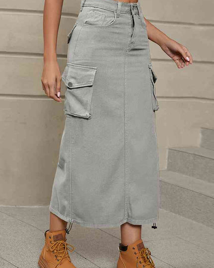 Drawstring Denim Skirt with Pockets