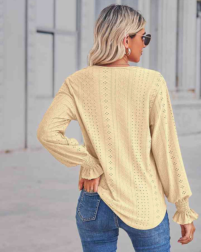 V-Neck Eyelet Flounce Sleeve Blouse