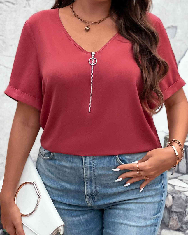 Plus Size V-Neck Short Sleeve Blouse with Zipper