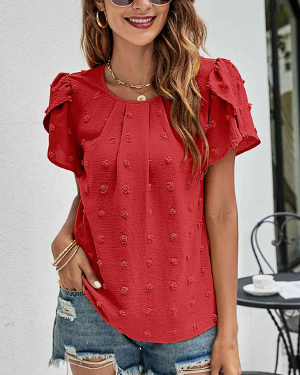 Swiss Dot Round Neck Petal Sleeve Top