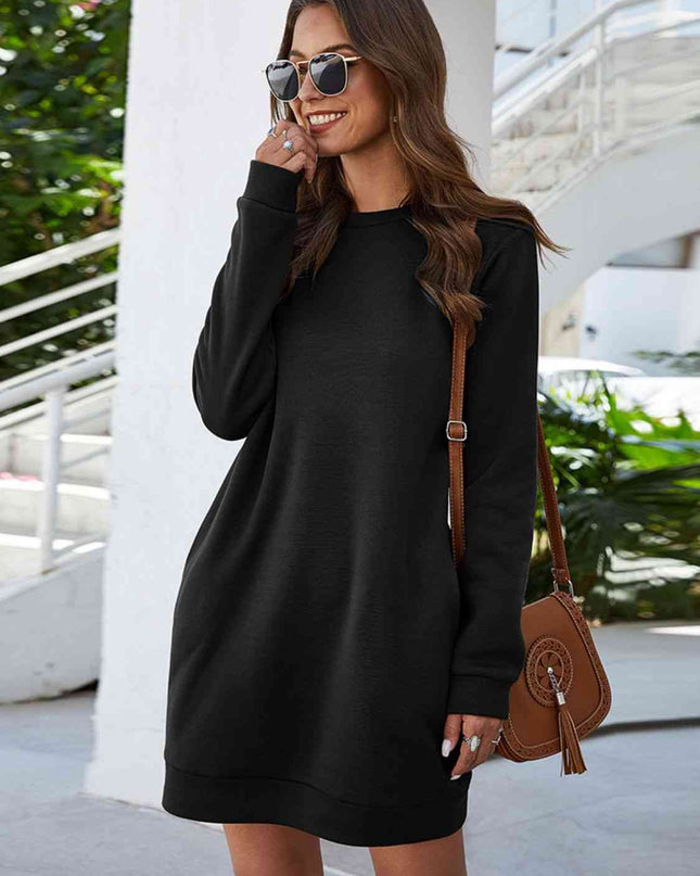 Round Neck Long Sleeve Mini Dress with Pockets