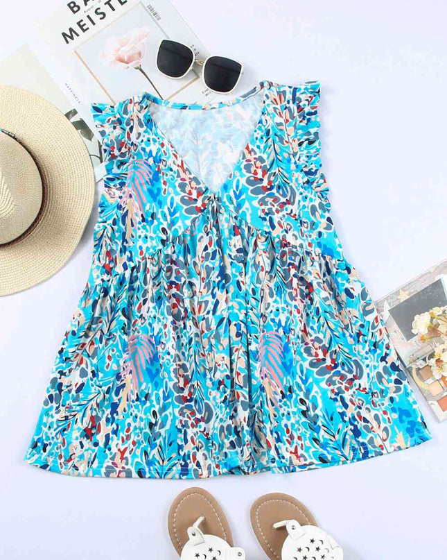 Printed Flutter Sleeve V-Neck Top cf