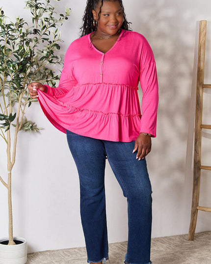 Double Take Half Button Long Sleeve Ruffle Hem Blouse