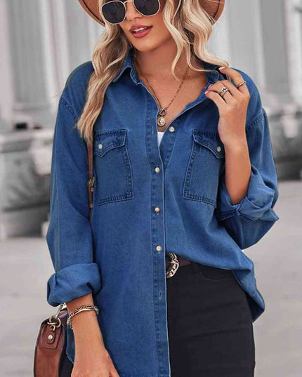 Collared Neck Dropped Shoulder Denim Top