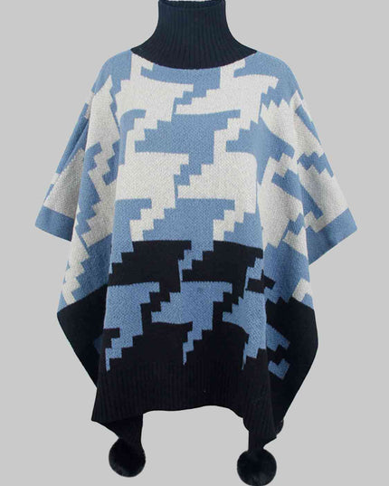 Turtleneck Pom-Pom Trim Poncho