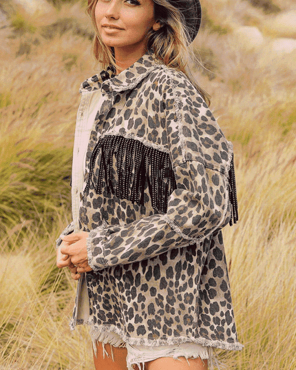 Leopard Fringe Detail Collared Neck Denim Jacket
