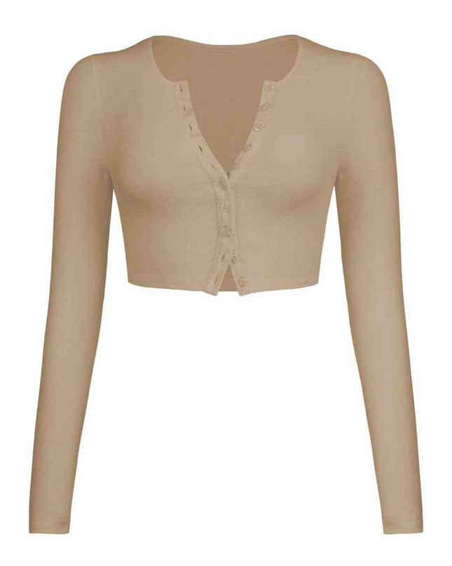 Double Take Button Down Long Sleeve Cropped Top
