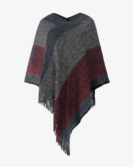 Color Block Fringe Hem Poncho
