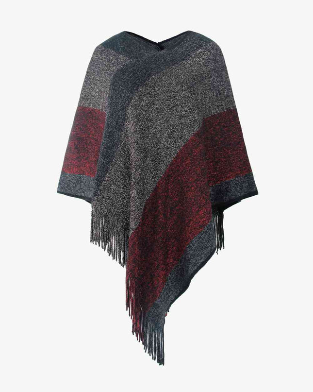 Color Block Fringe Hem Poncho