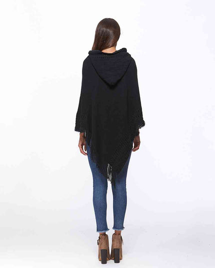 Openwork Fringe Hem Hooded Poncho