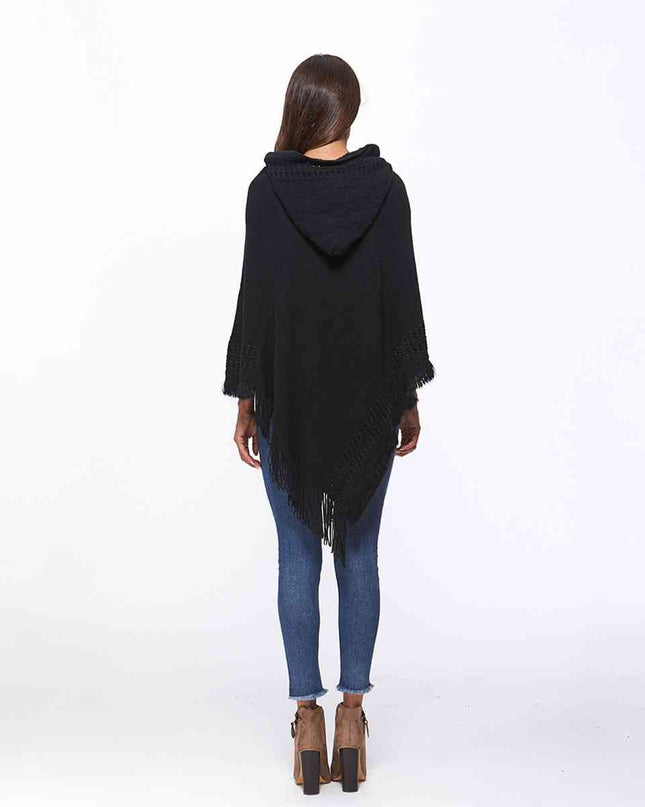 Openwork Fringe Hem Hooded Poncho