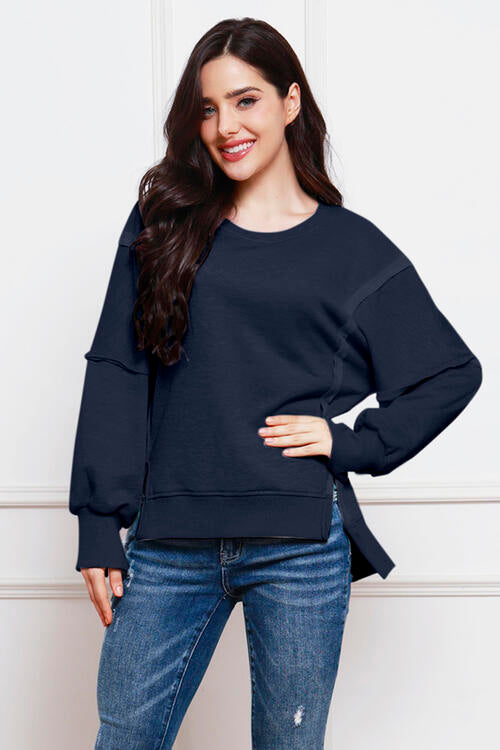 Exposed Seam High-Low Slit Sweatshirt