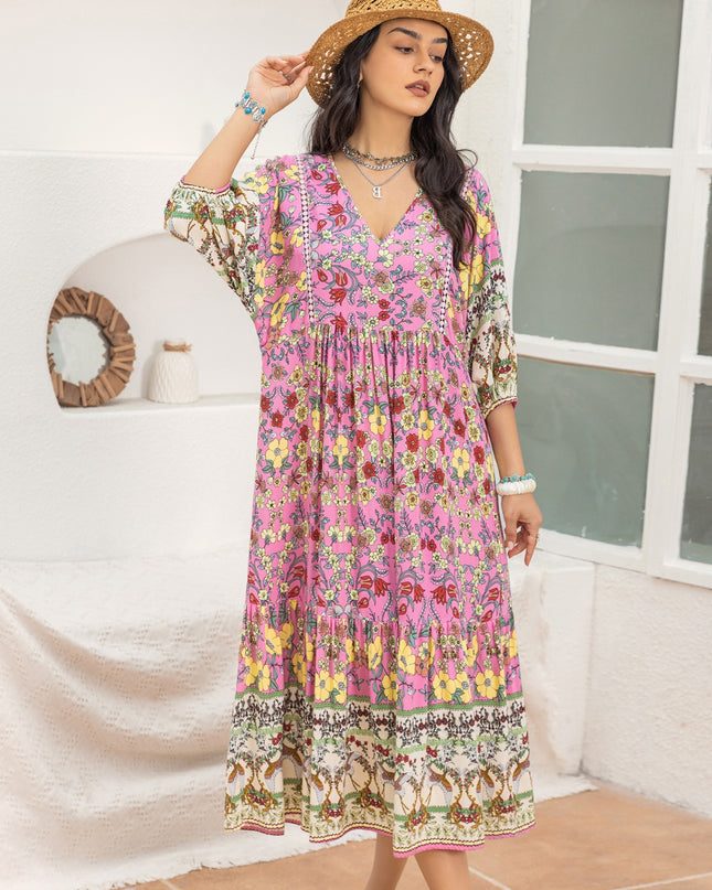 Printed V-Neck Balloon Sleeve Dress