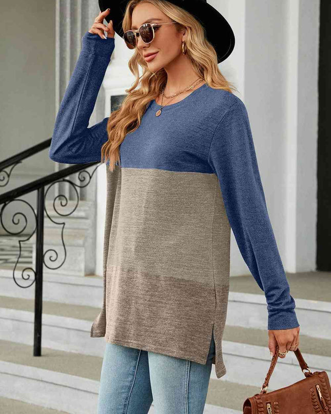 Color Block Round Neck Long Sleeve Slit T-Shirt