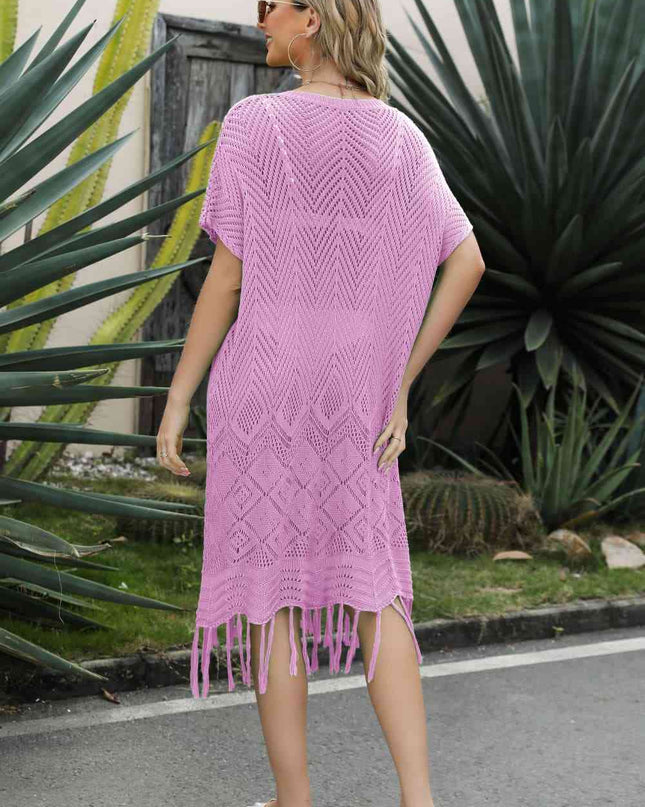 V-Neck Short Sleeve Fringe Hem Knit Dress