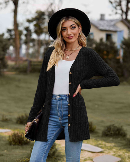 Ribbed Button-Up Cardigan with Pockets