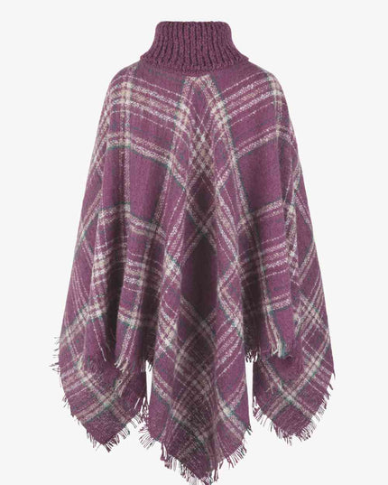 Plaid Turtleneck Fringe Hem Poncho