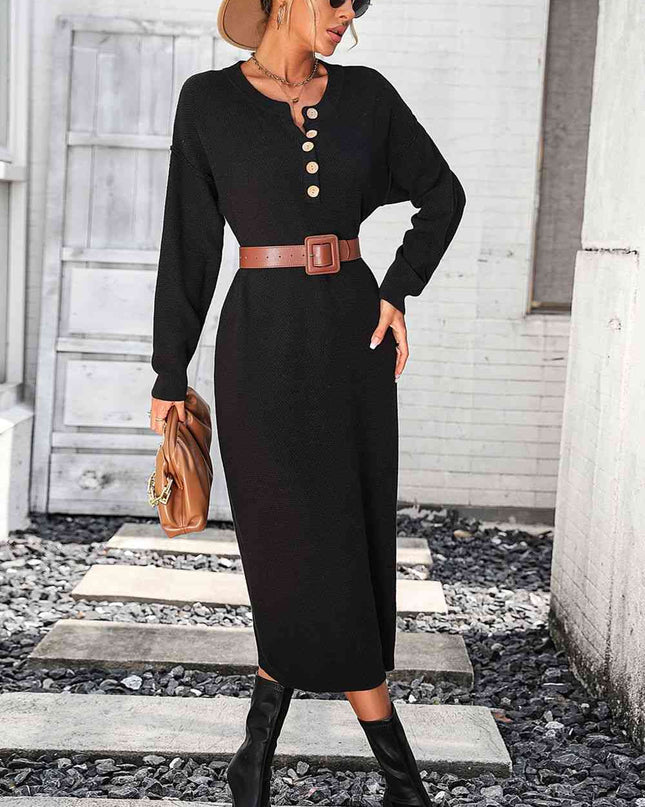 Notched Neck Dropped Shoulder Button-Down Midi Dress