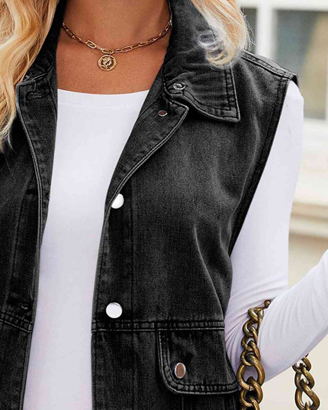 Button Up Collared Neck Denim Jacket with Pockets