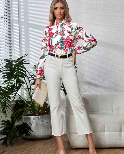 Printed Tie Neck Long Sleeve Blouse