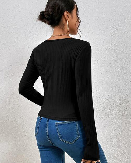 Ribbed Crisscross V-Neck Long Sleeve Knit Top