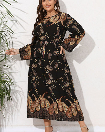 Full Size Tie Waist Round Neck Long Sleeve Midi Dress