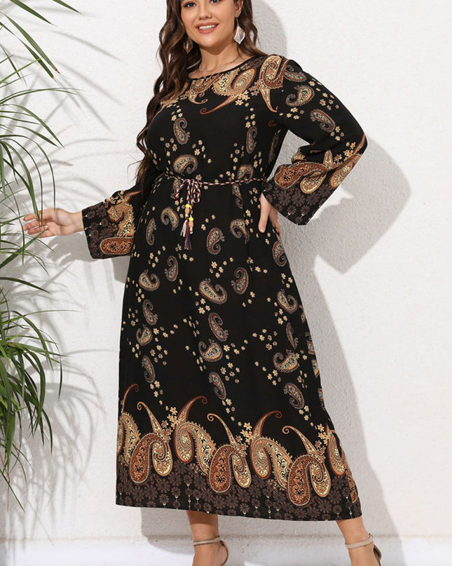 Full Size Tie Waist Round Neck Long Sleeve Midi Dress