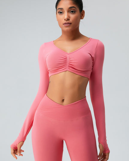 Ruched V-Neck Long Sleeve Active T-Shirt