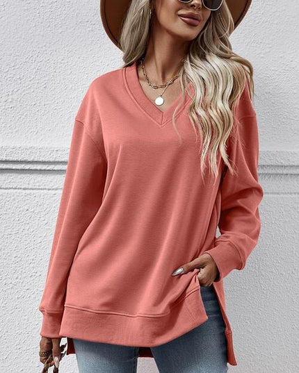 V-Neck Slit Long Sleeve Sweatshirt