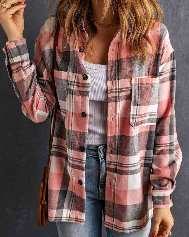 Double Take Plaid Dropped Shoulder Longline Shirt