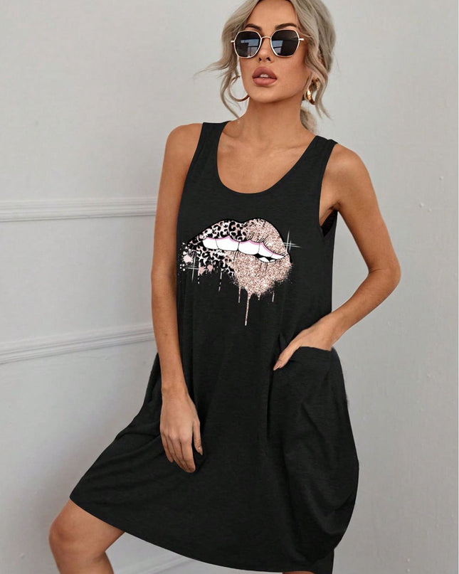 Lip Graphic Sleeveless Dress with Pockets