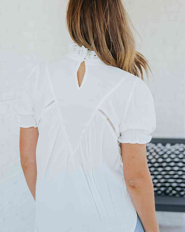 Spliced Lace Curved Hem Flounce Sleeve Top
