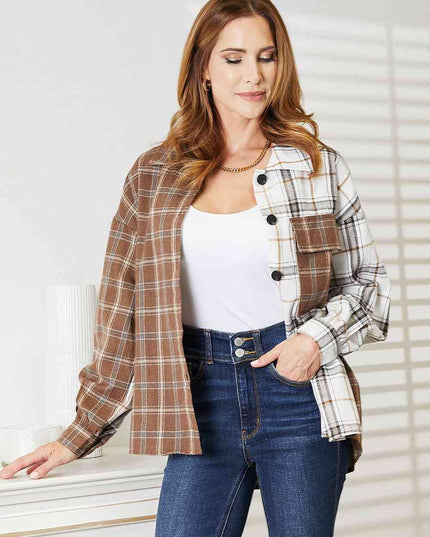Double Take Plaid Contrast Button Up Shirt Jacket