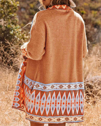 Plus Size Geometric  Open Front Cardigan with Pockets