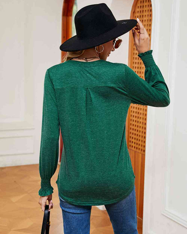 Notched Neck Long Sleeve Blouse